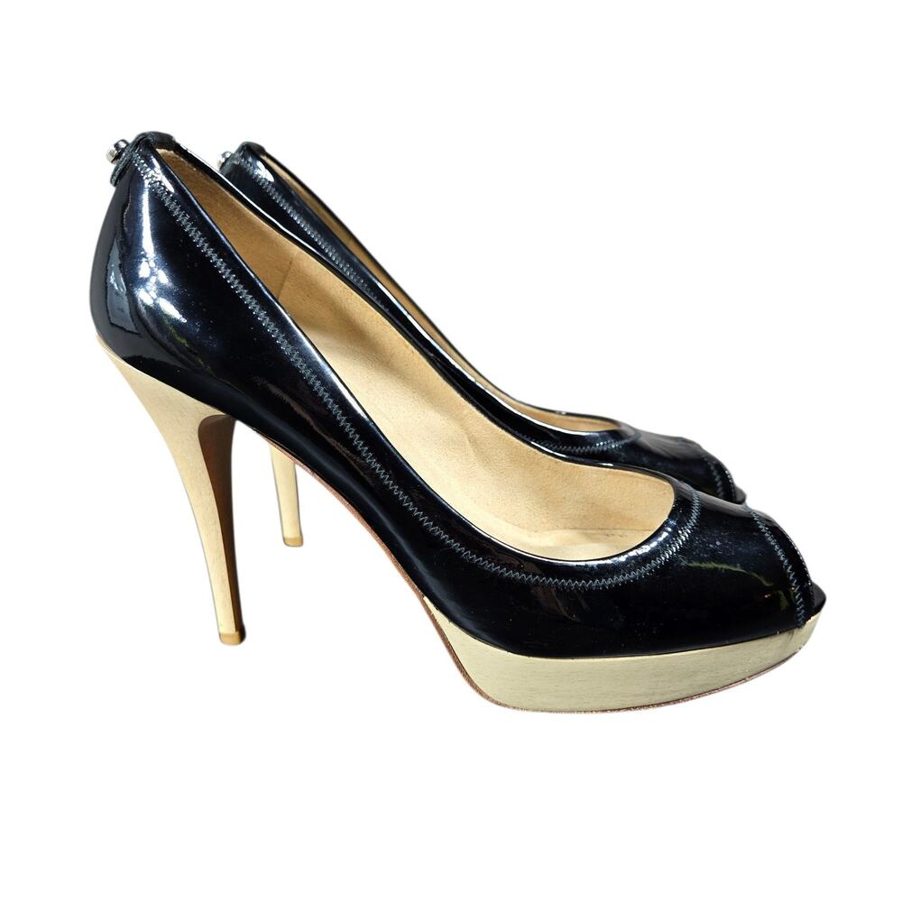 Stuart Weitzman Heels Women 9.5 Peep Toe Black Patent Leather Pumps Dress Formal